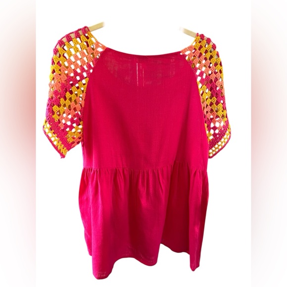 Umgee Linen Crochet Sleeve Top Boho Peasant Pink Medium Festival Artsy Coastal - Picture 3 of 5
